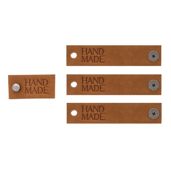 Кожаные бирки с тиснением на кнопке Hand Made 17х70 мм, 4 шт, коричневый
