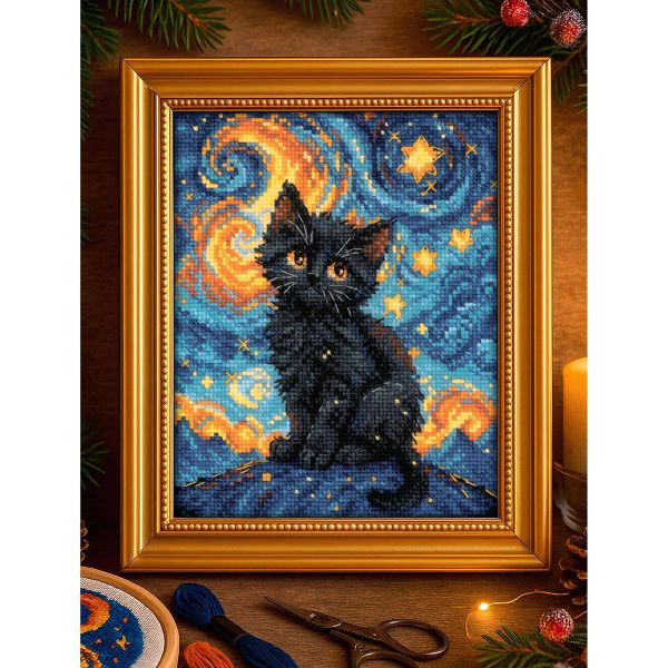 Набор для вышивания нитками Риолис, Звездный котик 15х18см