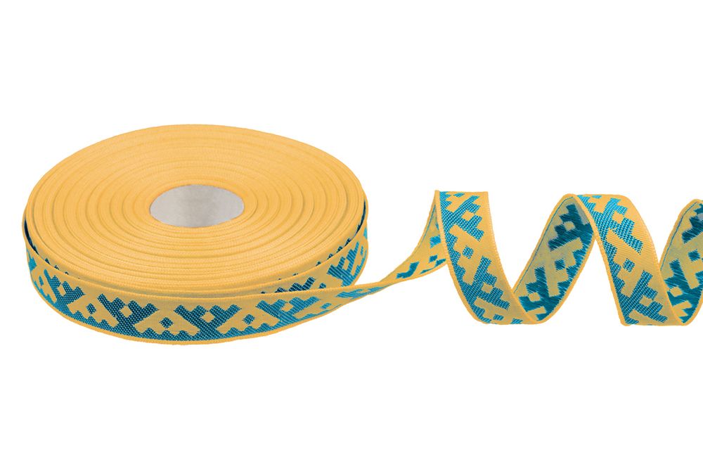 Лента (тесьма) жаккардовая 18.0 мм / 25±1 метров, Орнамент для северных народов, рис 6753 желто-голубой(бирюзовый) (№4), Gamma С3771