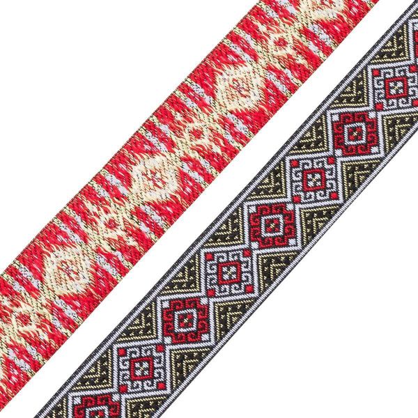Лента (тесьма) жаккардовая 35.0 мм / 7 метров, золото/красный, 4101-1
