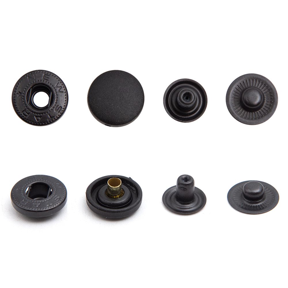 Кнопка Альфа (S-образная) ⌀15.0 мм, ≈72 шт, шляпка пластик + отв.части МЕТАЛЛ, 322 черный + отв.части оксид, NEW STAR