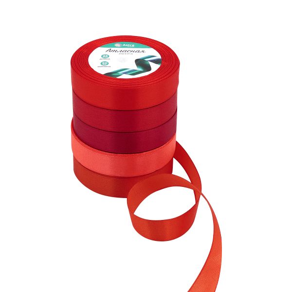 Набор атласных лент 5 цветов по 23.0 мм / 23 метра, красный микс
