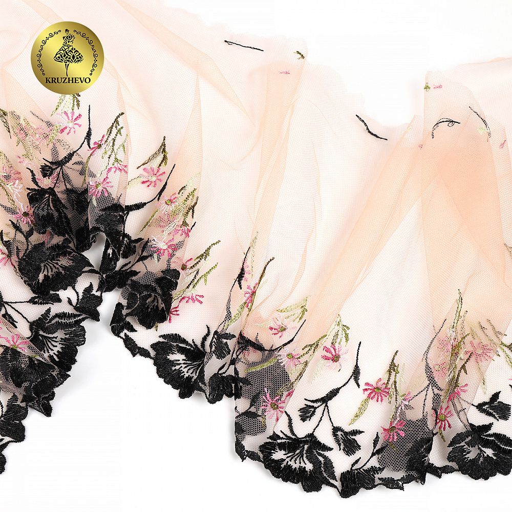 Кружево на сетке (вышитое) 210мм цв.мульти, левая, 6,85м, Kruzhevo