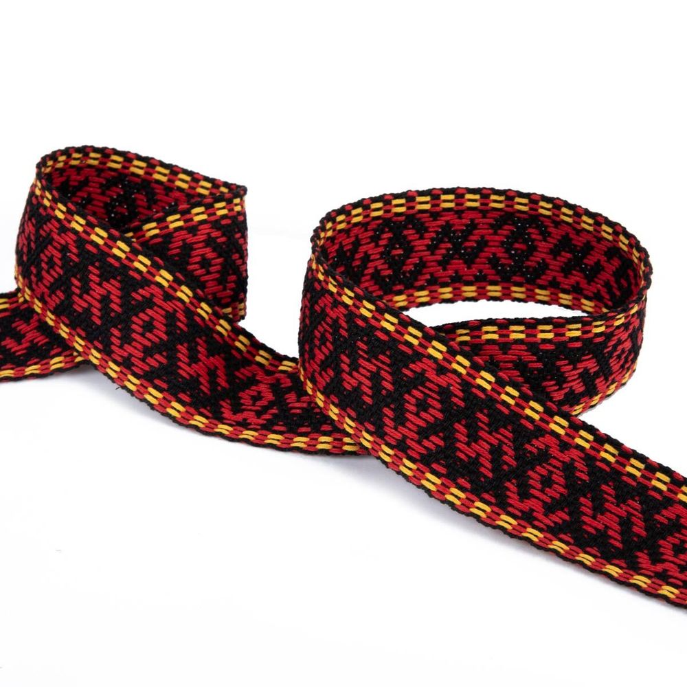 Лента (тесьма) жаккардовая 38.0 мм / 25±1 метров, для пояса, рис 9884 черный/красный №2, Gamma С3822