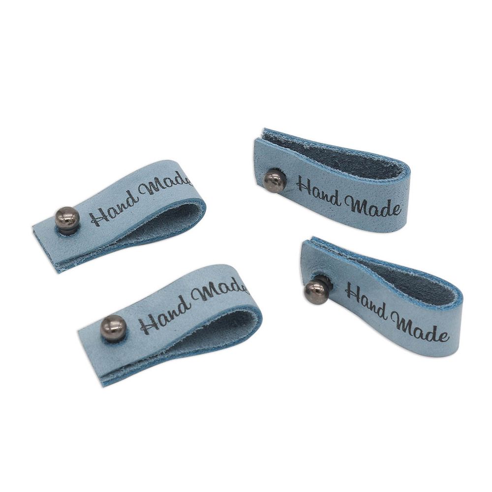 Бирка кожаная с кнопкой Hand Made 1,3х7см, уп.4 шт (голубой)