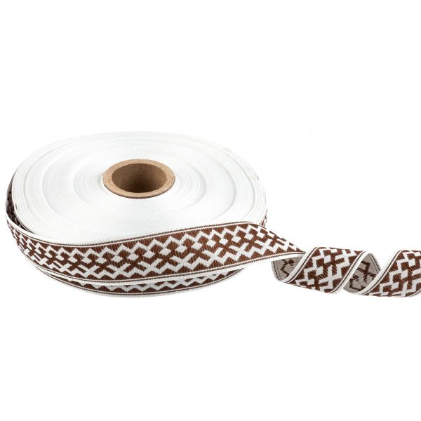 Лента (тесьма) жаккардовая 24.0 мм / 25 метров, Орнамент для северных народов, рис 7527 белый/коричневый (№6), Gamma С3772