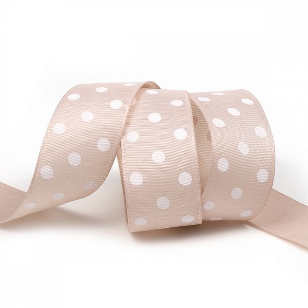 Лента репсовая (в рубчик) 25.0 мм / 27.4±2 метров, LDRG81325 Горошек, бежевый