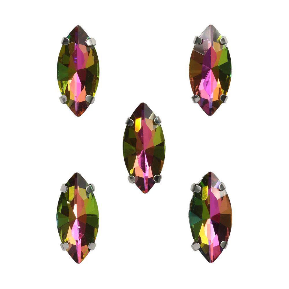 Хрустальные стразы в цапах формы миндаль, радужный 7х15 мм, 5 шт., МЦ003НН715