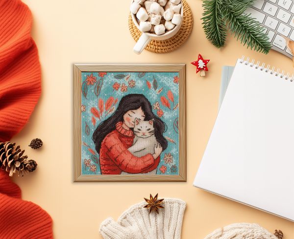 Набор для вышивания нитками Klart 8-559, Девушка с котом, 12х13 см
