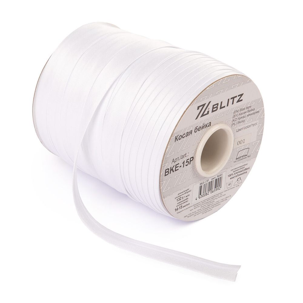 Косая бейка атласная 15 мм / 132±1 метра, 001 белый, Blitz BKE-15P