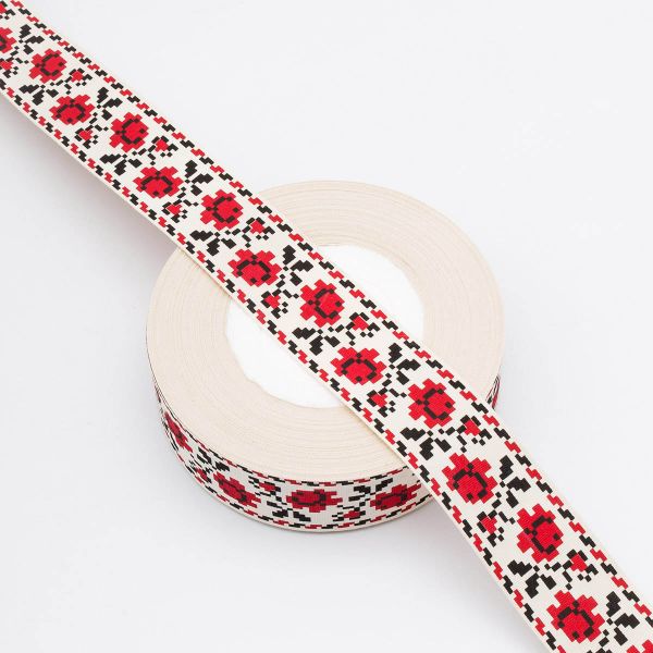 Лента декоративная х/б 30.0 мм / 25±1 метров, цветок красный, 882