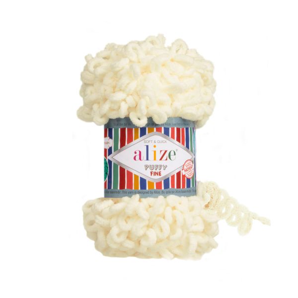 Пряжа Alize (Ализе) Puffy Fine / уп.5 мот. по 100 г, 14м, 062 светло-молочный A
