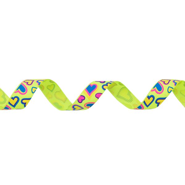 Лента репсовая (в рубчик) Сердца 1,5см*22.86 м (желтый неон)