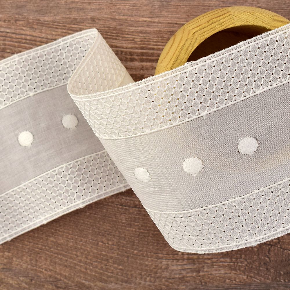 Кружево шитье (вышивка на батисте), прошва, 90 мм, цвет белый, 13,8 м /TOS/