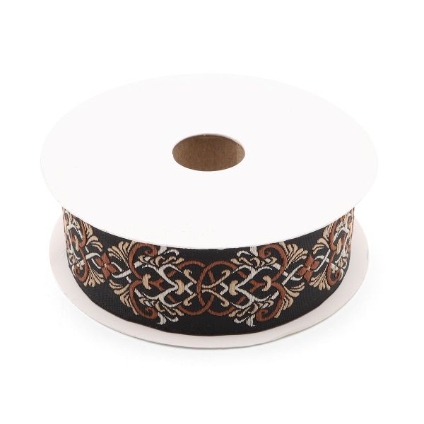 Лента (тесьма) жаккардовая 35.0 мм / 10±0.5 метров, Дамаск 35976 V2 черный/бежевый