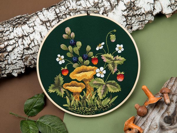 Набор для вышивания нитками Panna, Живая картина Грибы. Лисички, 20.5х20.5 см