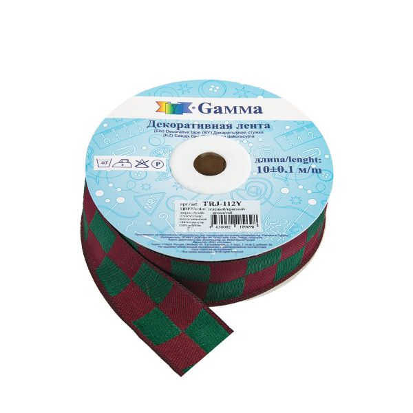 Лента (тесьма) жаккардовая 25.0 мм / 10±0.5 метров, зеленый/красный, Gamma TRJ-112Y