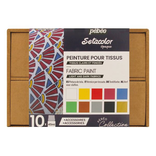 Набор красок Pebeo Setacolor Opaque Коллекция для темных и светлых тканей с аксессуарами 10 цв. 45 мл 758481 1