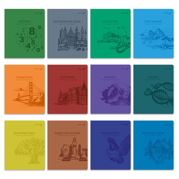 Комплект тетрадей со справочными материалами Яркость по расписанию, с запечат.пластик.обл. 320мкм A5 48 л. 12 шт на скобе 65 г/м², белизна 100% 1 шт клетка/линия, 01888 12 предметов, Светоч Т299