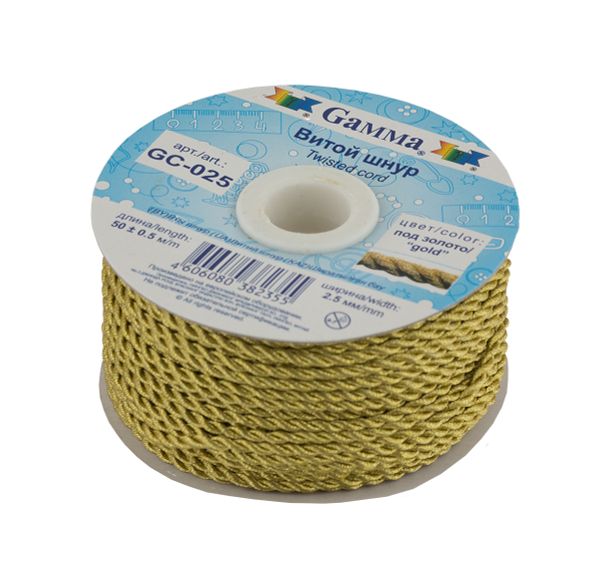 Шнур витой ⌀2.5 мм, 50 м, золото, Gamma GC-025