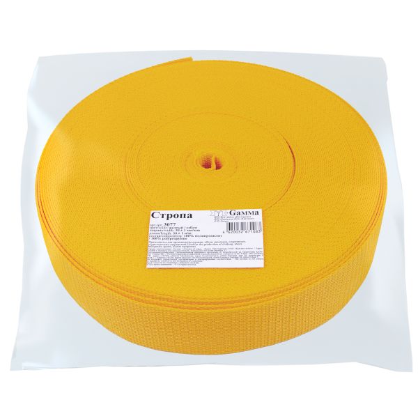 Стропа (ременная лента) 50 мм / 30 метров, толщ. 1.1 мм, [28 г/пог.м], 100% п/п, желтый, Gamma 3077