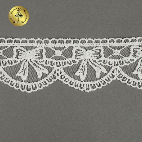 Кружево на сетке матовая нить с бантиками 60 мм, цв.02 молочный, уп.10м, Kruzhevo