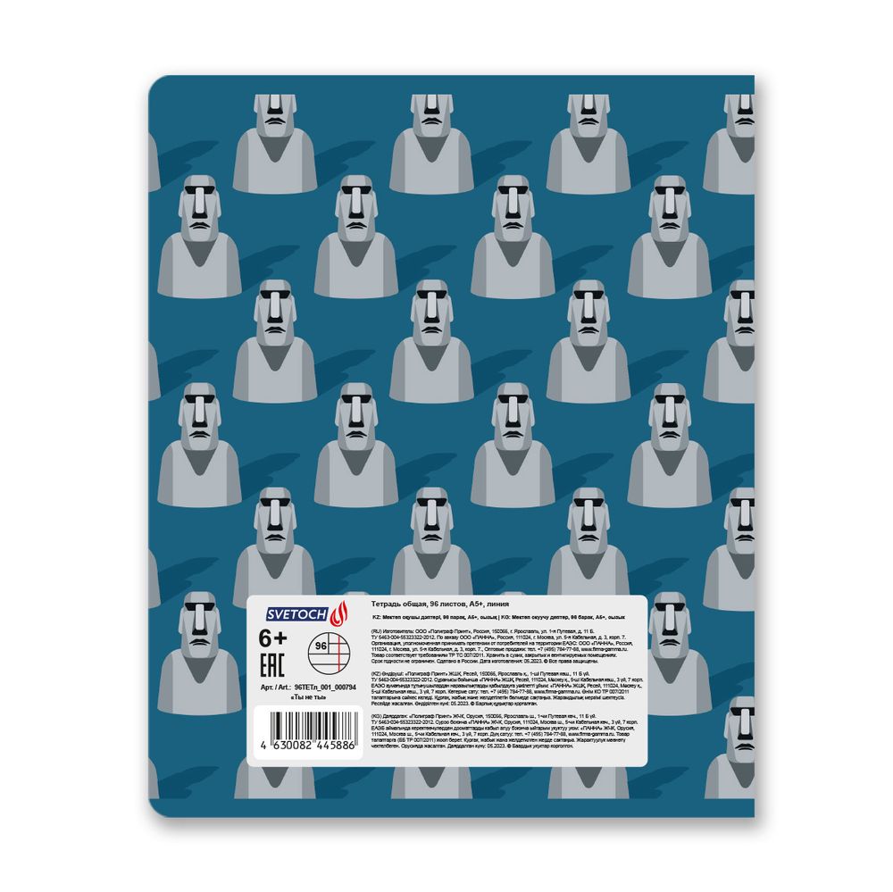 Тетрадь ученическая общая, A5+ 96 л. на скобе 60 г/м², белизна 100%, 5 шт, линия в термоусадочной пленке, 000794 Ты не ты, Светоч 96ТЕТл-001