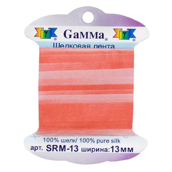 Лента (тесьма) шелковая 13.0 мм / 9.1±0.5 метров, M016 коралловый/бл.розовый, Gamma SRM-13
