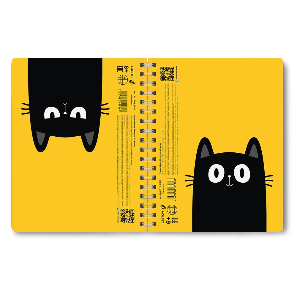 Тетрадь-перевертыш ученическая общая, A5 96 л. на гребне 65 г/м², белизна 100 %, 4 шт, клетка, 01215 Чёрный кот, Светоч Т119