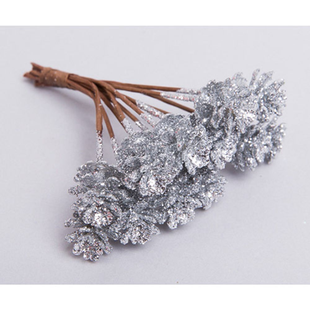 Шишки на проволоке с глиттером 2х2х10см, серебряный, 12 шт, 95216