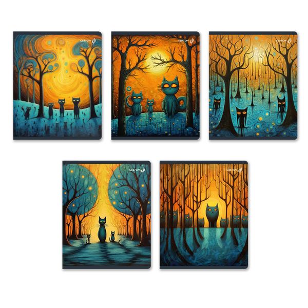 Тетрадь ученическая общая, матовый сплошной лак+запечат.форзац+титул лист A5+ 48 л. на скобе 65 г/м², белизна 100 %, 10 шт, клетка, 01122 Загадочные коты, Светоч Т76