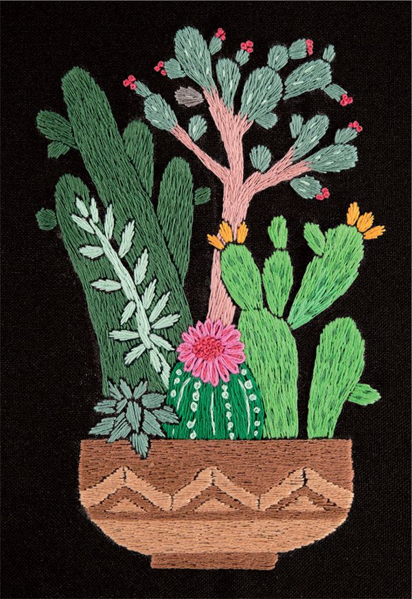 Набор для вышивания нитками Panna, Живая картина, Кактусы в горшке, 12,5х17 см