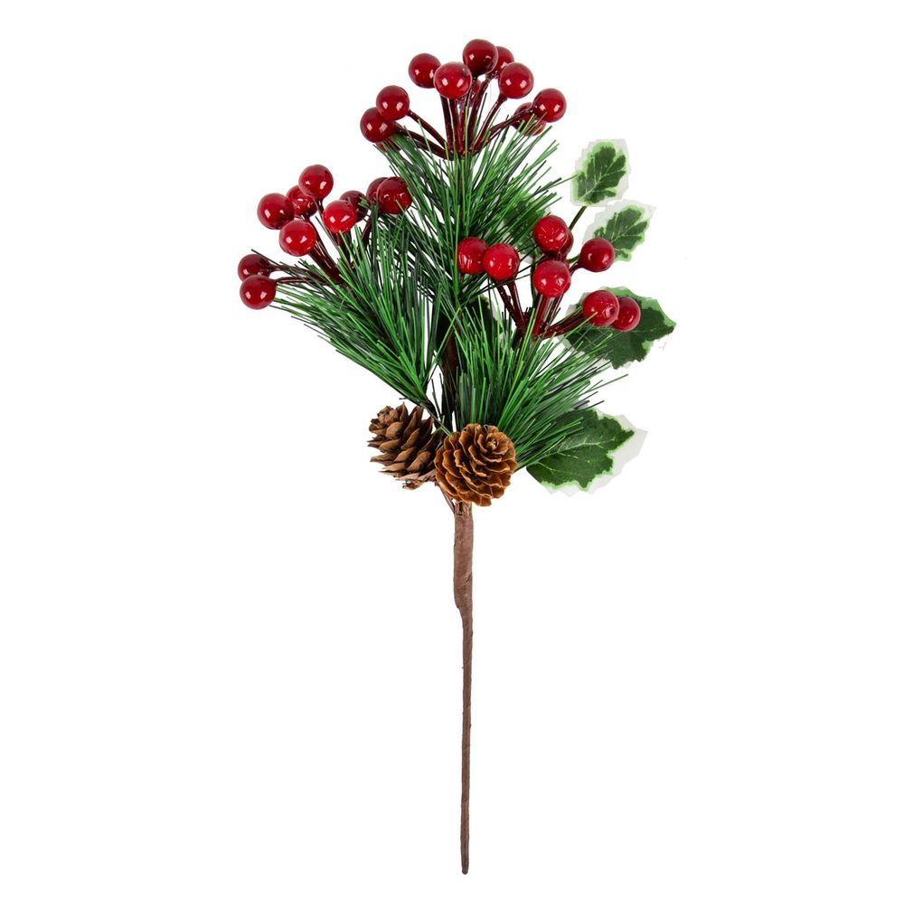 Веточка декоративная хвойная с шишками и ягодами 27 см, 3 шт, 01, Blumentag