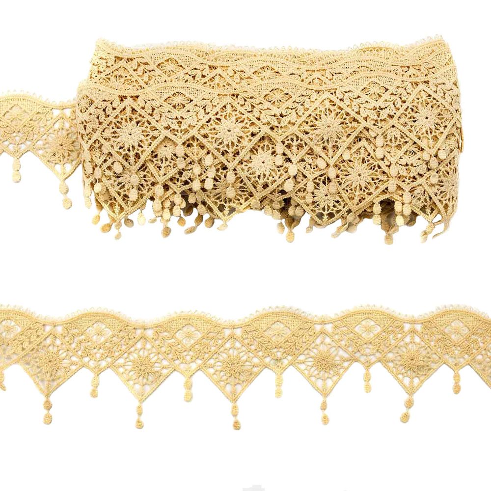 Кружево гипюр (плетёное) 55 мм / 9.14 метра, матовое с подвесками, 406 молочный, 3AR799