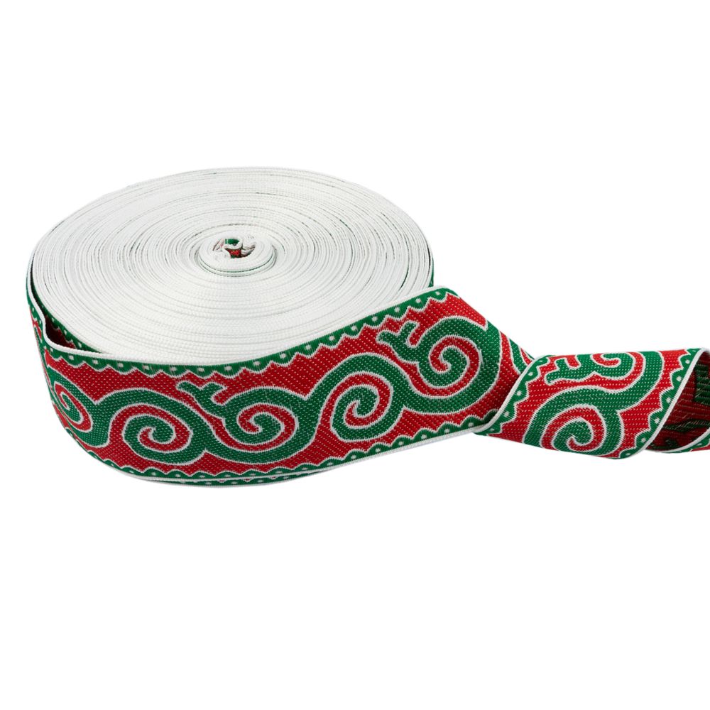 Лента (тесьма) жаккардовая 50.0 мм / 25 метров, Орнамент для северных народов, рис 9605 белый/зеленый/красный, Gamma С3775