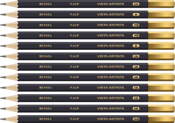 Карандаш чернографитный набор заточенный 8х12 шт, ассорти 2H-10B, Vista-Artista Academia VAGPS-12