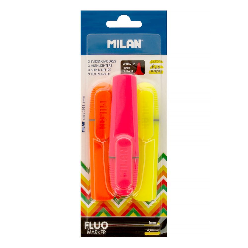 Набор флуоресцентных текстовыделителей в блистере 3 цв, BWM10428 желтый, оранжевый и розовый, Milan