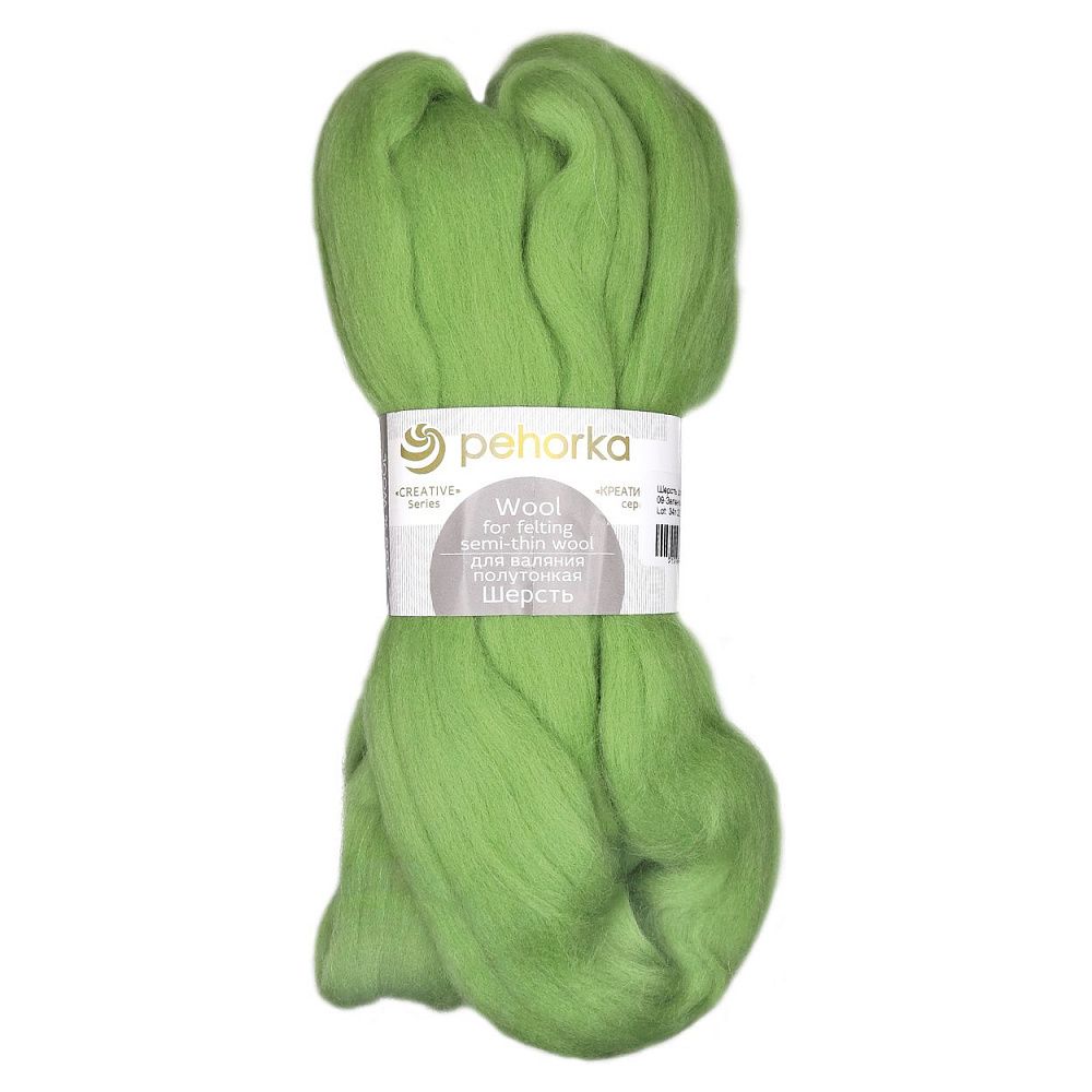 Шерсть для валяния Пехорка полутонкая шерсть (100% шерсть) 50г цв.009 зеленое яблоко Шерсть для валяния Пехорка полутонкая шерсть (100% шерсть) 50г цв.009 зеленое яблоко