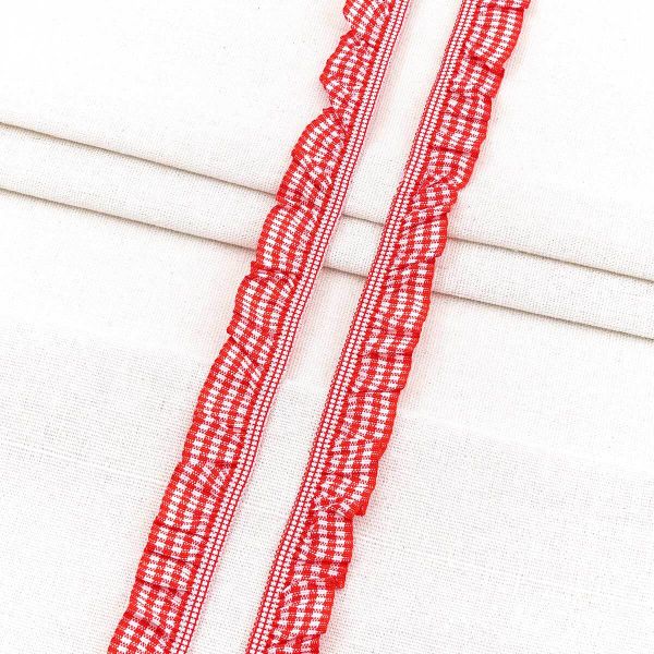 Тесьма-рюш эластичная 20 мм / 20 метров, односторонняя в клетку, п/э, цв.красн., 26064