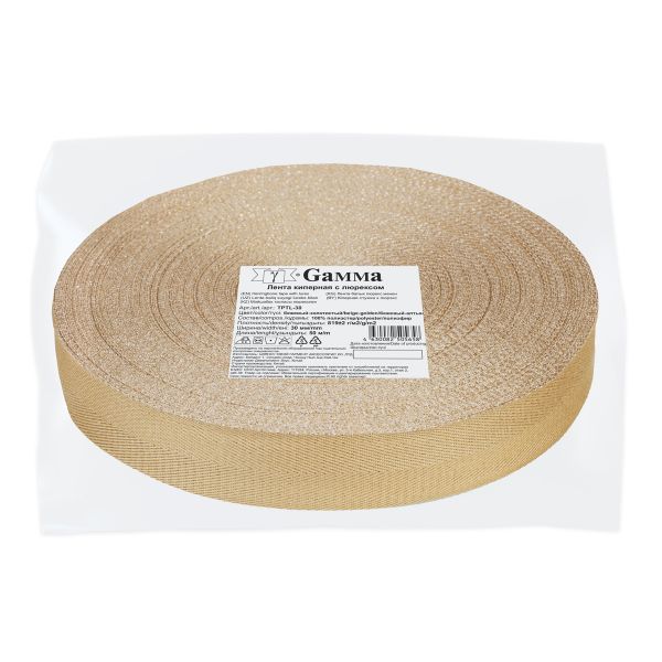 Тесьма (лента) киперная п/э с люрексом 30 мм / 50 метров, бежевый-золотистый/beige-golden, Gamma TPTL-30