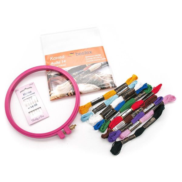 Базовый комплект для вышивания, пяльцы, иглы, канва, мулине 10 цветов, Bestex