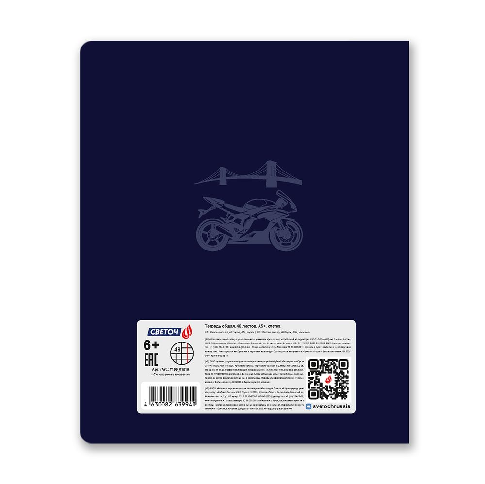 Тетрадь ученическая общая, тиснение золотой фольгой, A5 48 л. на скобе 65 г/м², белизна 100% 10 шт клетка, 01515 Со скоростью света, Светоч Т199