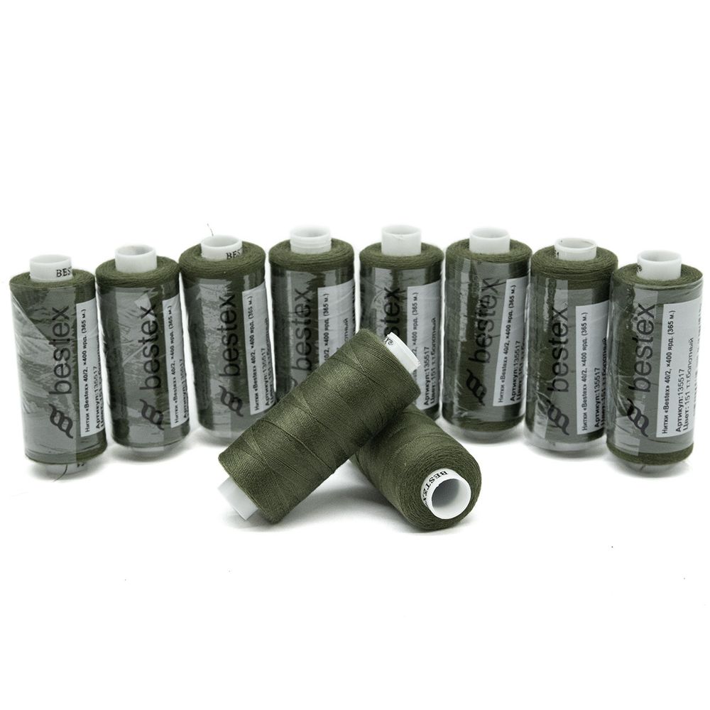 Нитки швейные бытовые Bestex 40/2, 365 м (400 ярд) / 10 кат., 151 темно-зеленый хаки