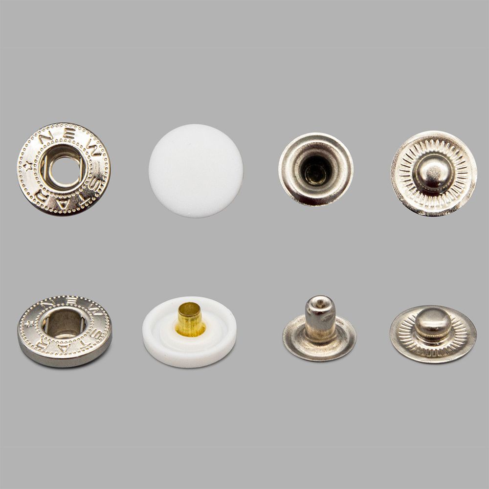 Кнопка Альфа (S-образная) ⌀15.0 мм, ≈72 шт, шляпка пластик + отв.части МЕТАЛЛ, 101 белый + отв.части никель, NEW STAR