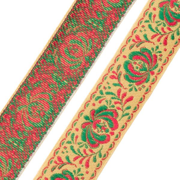 Лента (тесьма) жаккардовая 32.0 мм / 25±1 метров, рис. 9581 Гжель, (10 желтый/зеленый/красный) С1853Г17