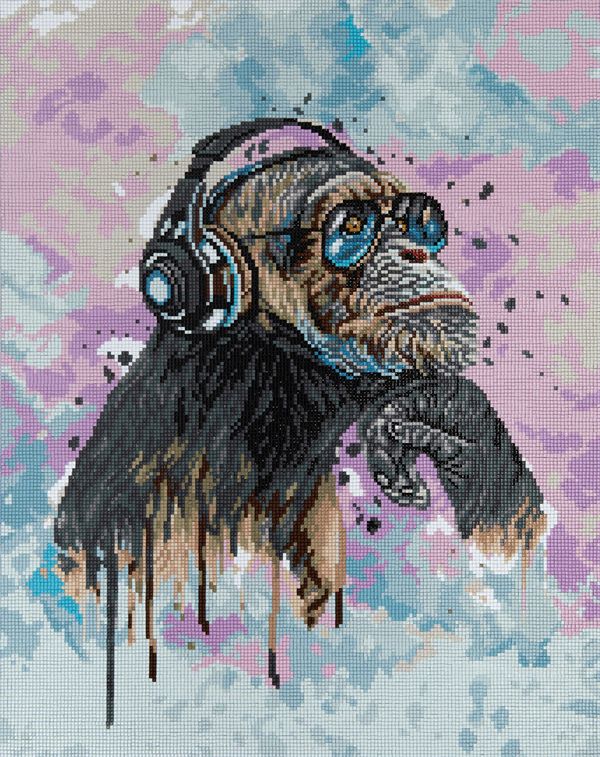 Алмазная (кристальная) мозаика Фрея, на подрамнике Шимпанзе в наушниках, 40х50 см