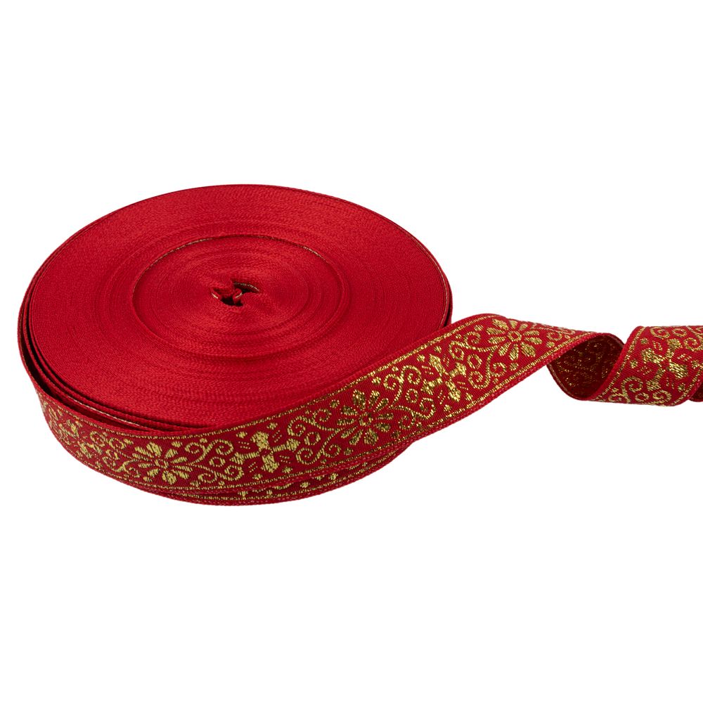 Лента (тесьма) жаккардовая 23.0-25.0 мм / 25 метров, красный/под золото, Blitz