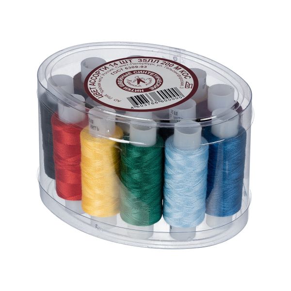 Нитки армированные 35ЛЛ, 200 м, КН ассорти 14 шт, в пластик. коробке, Красная нить