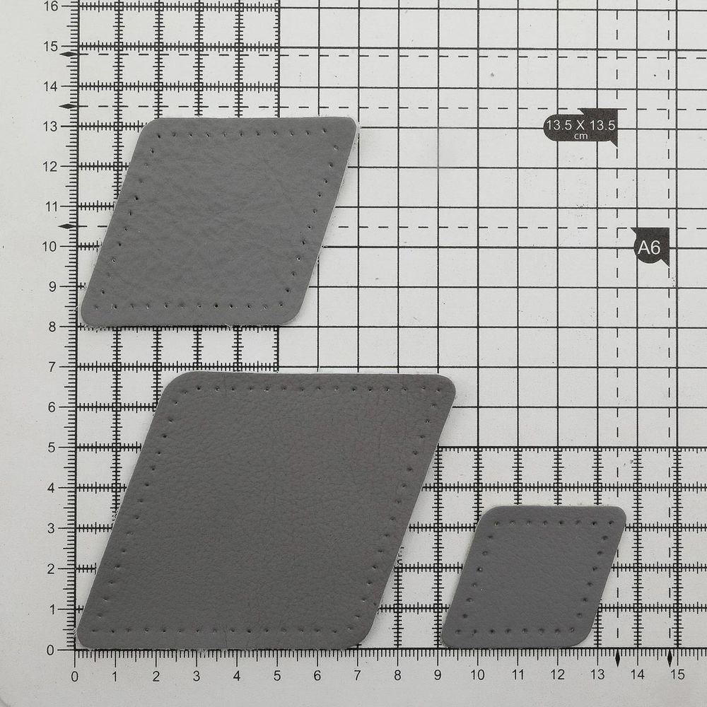 Набор заплаток пришивных из кожи, ромб 4х5,6см, 6х8,4см, 8х11,2см, с перфорацией, 3 шт (07 серый), 9405