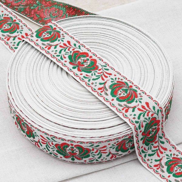 Лента (тесьма) жаккардовая 32.0 мм / 25±1 метров, рис. 9581 Гжель, (4 белый/красный/зеленый) С1853Г17
